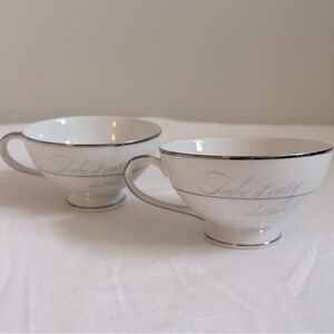 Upcycled fine China tea cups with original Take It Easy graphic decal